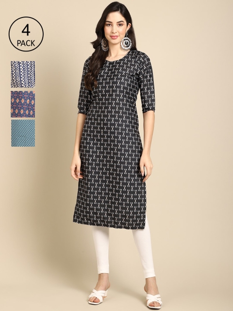 

Ethnic basket Women Pack of 4 Printed Crepe Straight Kurta, Black
