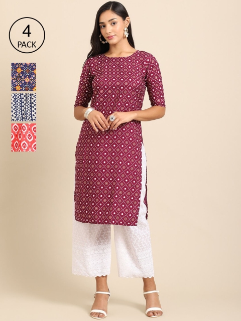 

Ethnic basket Women Pack Of 4 Purple & Blue Ethnic Motifs Printed Crepe Kurta
