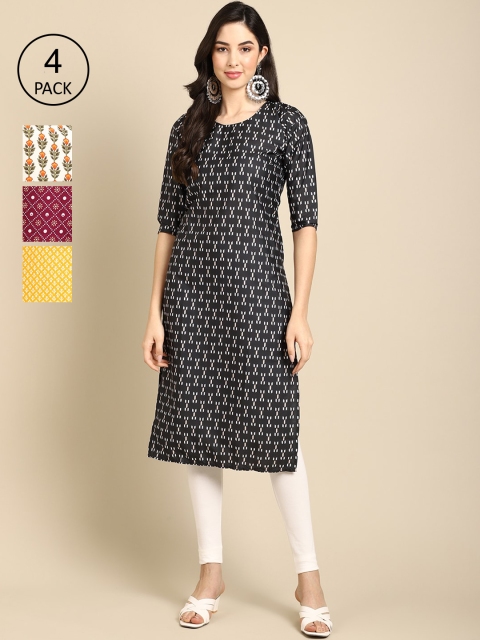 

Ethnic basket Women Pack of 4 Floral Printed Crepe Straight Kurta, White