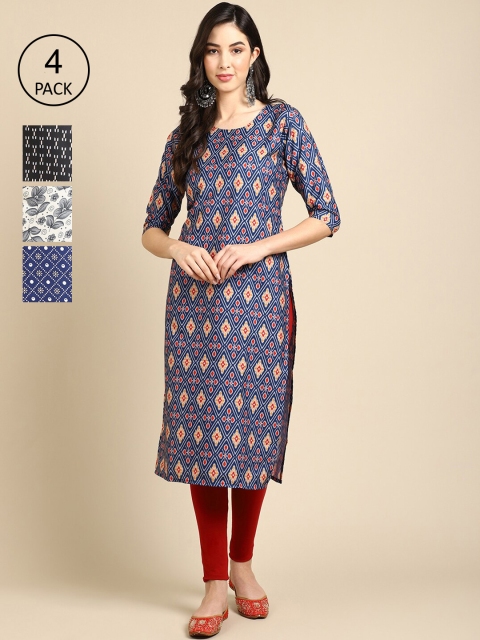 

Ethnic basket Women Pack Of 4 Ethnic Motifs Printed Crepe Kurta, Blue