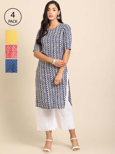 

Ethnic basket Women Pack of 4 Blue & Yellow Ethnic Motifs Printed Crepe Kurta