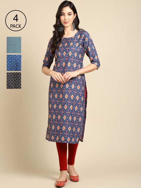 

Ethnic basket Women Pack Of 4 Ethnic Motifs Printed Crepe Kurta, Blue