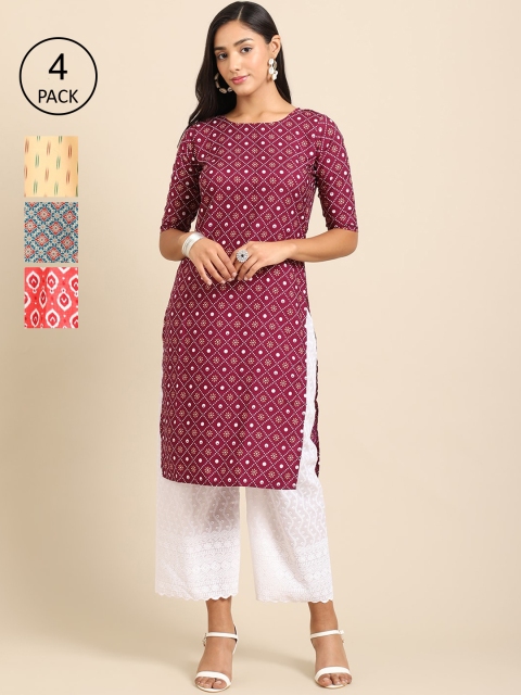 

Ethnic basket Women Maroon & Pink Geometric Printed Block Print Crepe Kurta