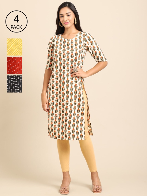 

Ethnic basket Women Multicoloured Geometric Striped Keyhole Neck Thread Work Block Print Crepe Kurta, Multi