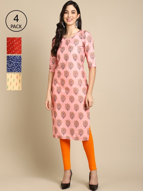 

Ethnic basket Women Set Of 4 Pink & Red Floral Printed Crepe Kurta