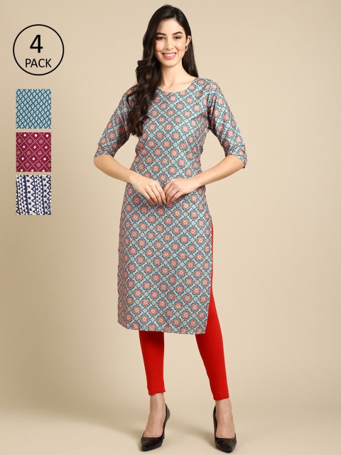 

Ethnic basket Women Pack of 4 Green & Blue Geometric Printed Crepe Kurta
