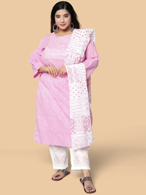 

MIRCHI FASHION Plus Size Women Leheriya Printed Pure Cotton Kurta with Trouser & Dupatta, Pink