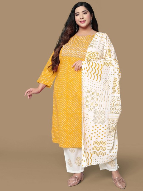 

MIRCHI FASHION Women Mustard Yellow Leheriya Printed Gotta Patti Pure Cotton Kurta with Trousers & With
