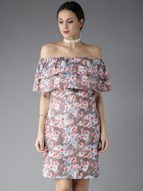 

Moda Rapido Women Taupe Printed Off-Shoulder Shift Dress