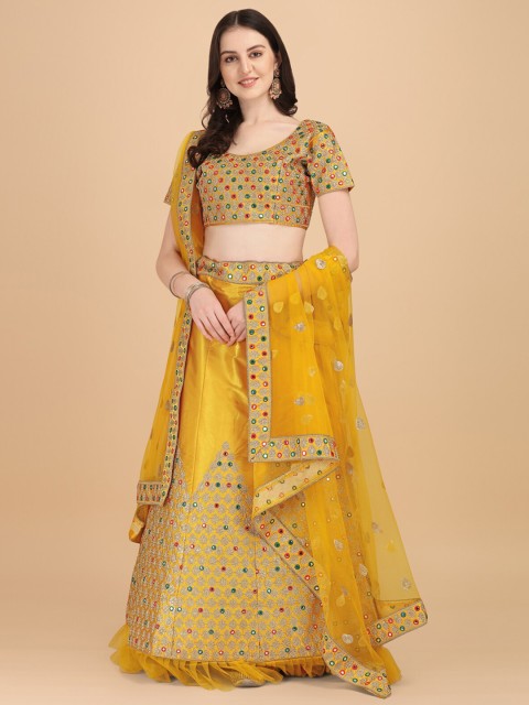 

Fab Viva Yellow & Green Embroidered Thread Work Semi-Stitched Lehenga & Unstitched Blouse With Dupatta