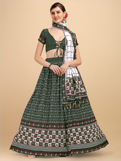 

Fab Viva Green & White Printed Semi-Stitched Lehenga & Unstitched Blouse With Dupatta