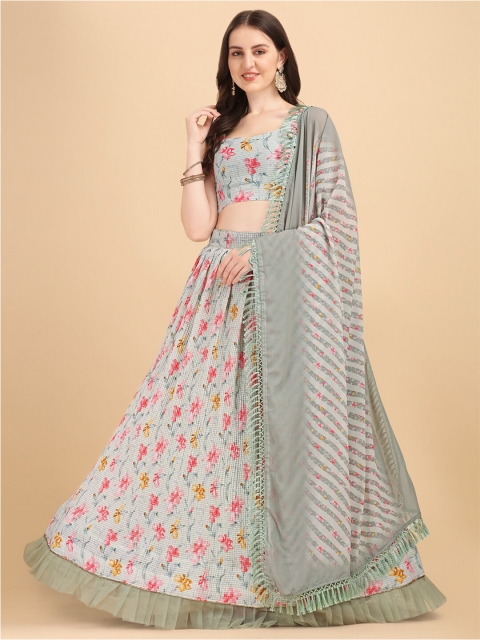 

Fab Viva Grey & Pink Printed Sequinned Semi-Stitched Lehenga & Unstitched Blouse With Dupatta