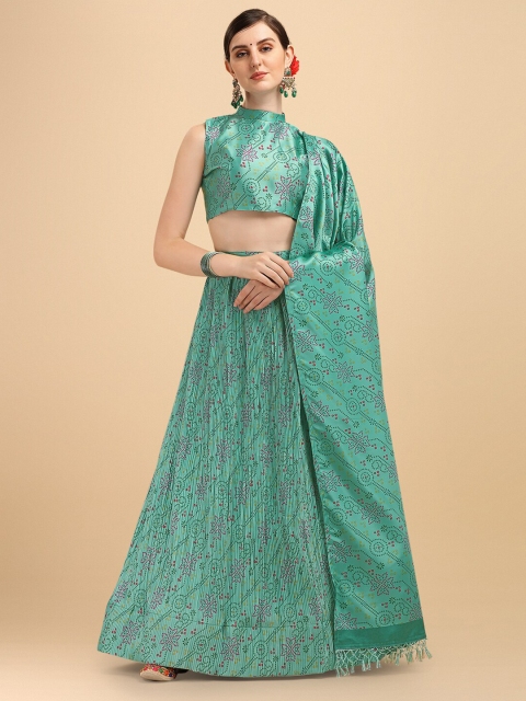 

Fab Viva Turquoise Blue & Purple Printed Semi-Stitched Lehenga & Unstitched Blouse With Dupatta