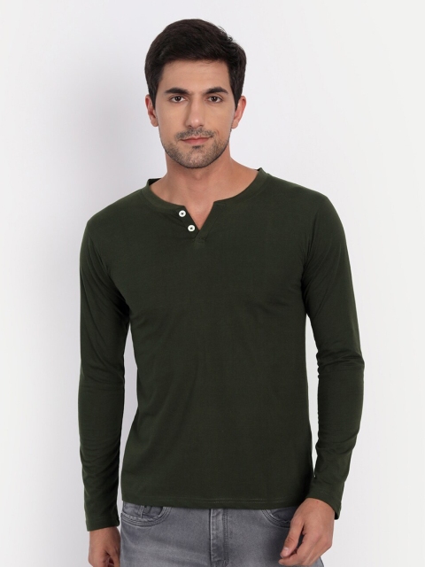 

CLAFOUTIS Men Olive Green Cotton Henley Neck Casual T-shirt