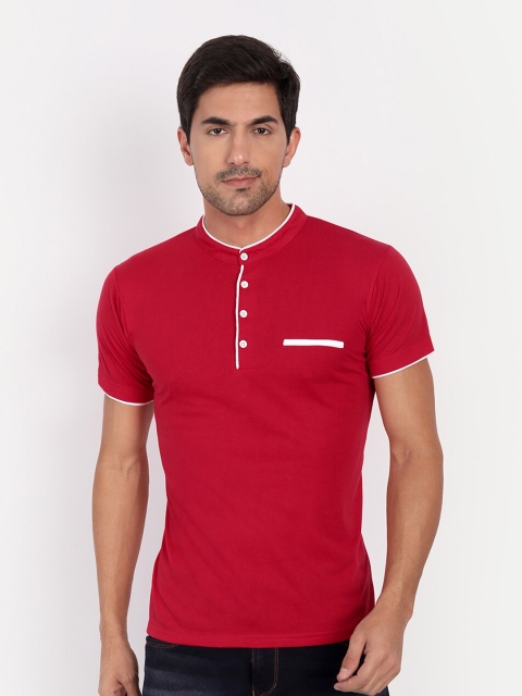 

CLAFOUTIS Men Red Cotton Mandarin Collar Casual T-shirt