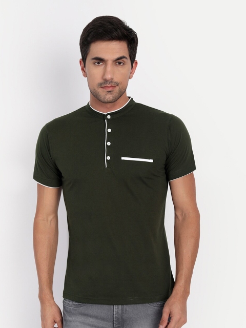 

CLAFOUTIS Men Olive Green Cotton Mandarin Collar T-shirt