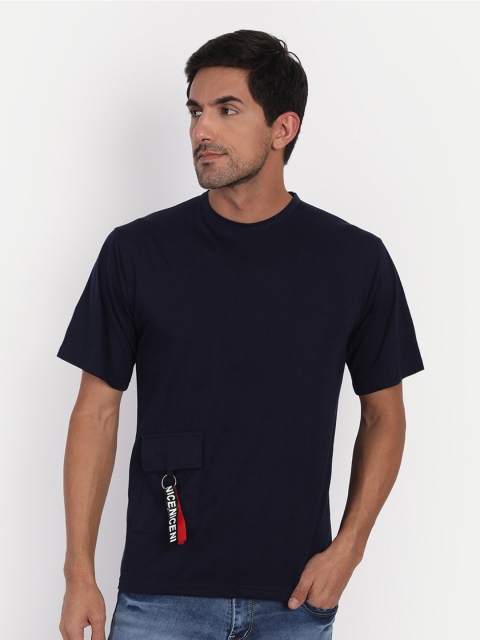 

CLAFOUTIS Men Navy Blue Solid Cotton Base Pocket T shirt