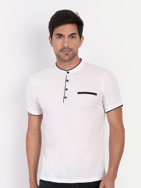 

CLAFOUTIS Men White Cotton Mandarin Collar T-shirt