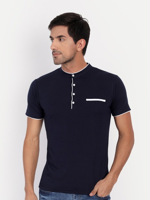 

CLAFOUTIS Men Navy Blue Cotton Mandarin Collar T-shirt