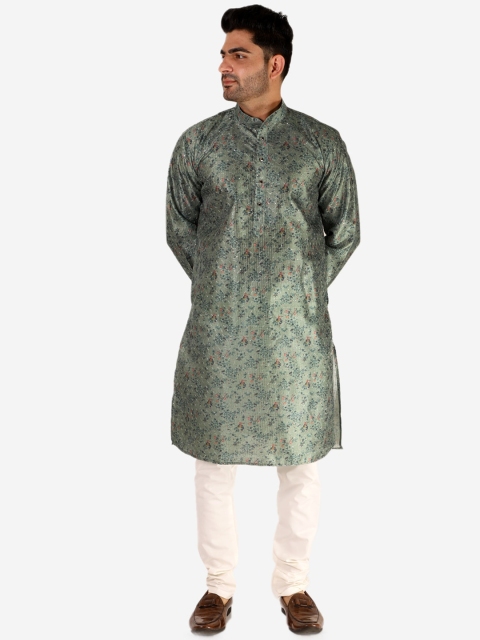 

Pro-Ethic STYLE DEVELOPER Men Floral Printed Pure Silk Kurta with Pyjama, Green