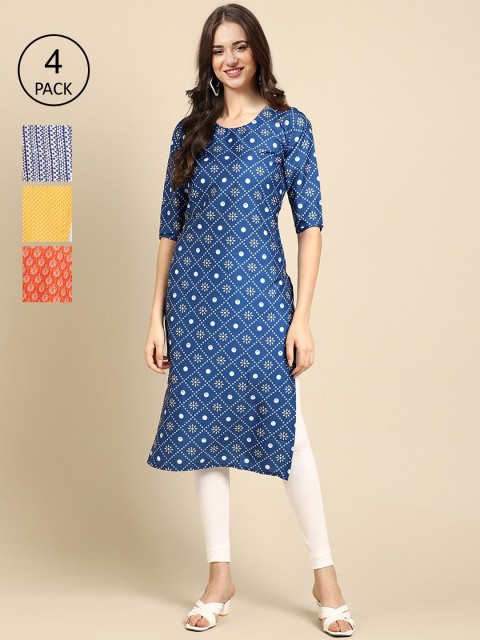 

Ethnic basket Women Blue & Yellow Pack Of 4 Geometric Printed Block Print Crepe Kurta
