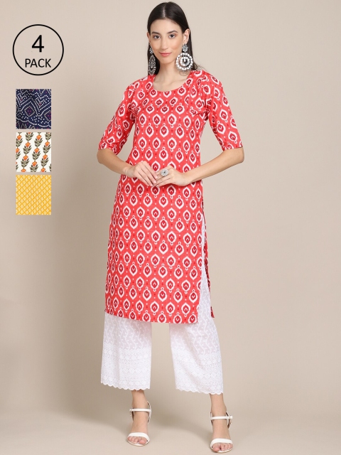 

Ethnic basket Pack Of 4 Women Printed Straight Crepe Kurta, Yellow