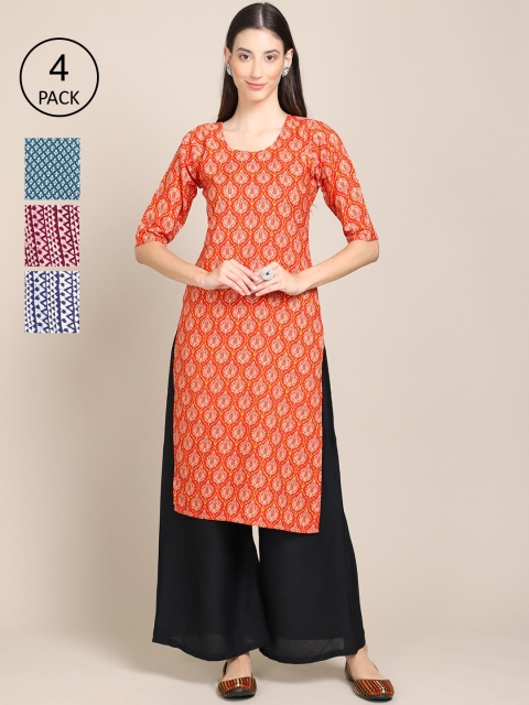 

Ethnic basket Women Orange & Maroon Geometric Striped Block Print Crepe Kurta