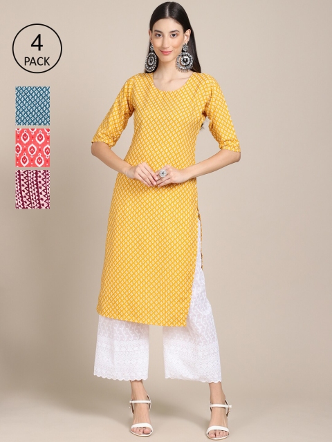 

Ethnic basket Women Multicoloured Geometric Striped Flared Sleeves Thread Work Block Print Crepe Kurta, Multi