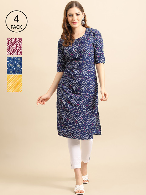 

Ethnic basket Women Multicoloured Geometric Printed Keyhole Neck Block Print Crepe Kurta, Multi