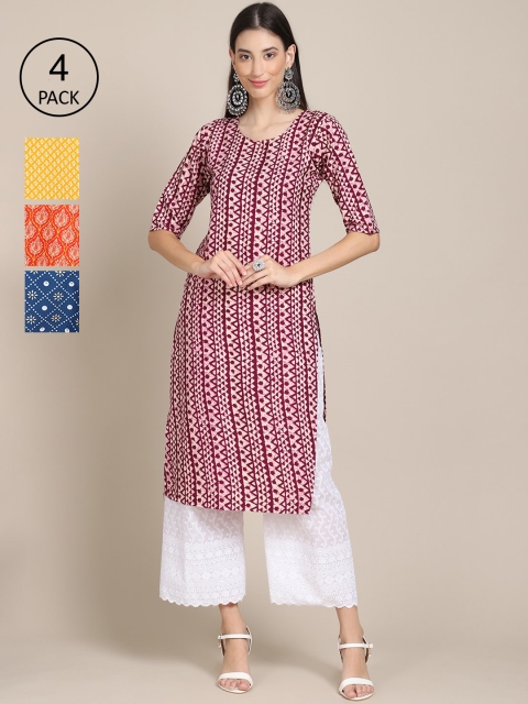 

Ethnic basket Women Pack of 4 Printed Crepe Straight Kurta, Yellow