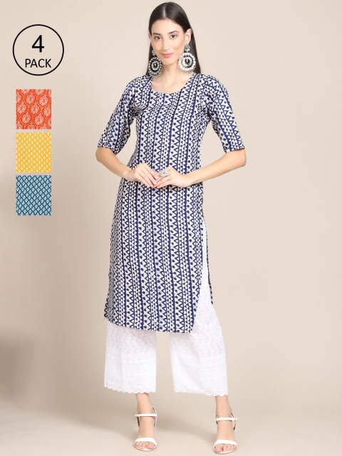 

Ethnic basket Pack Of 4 Women Printed Straight Crepe Kurta, Teal