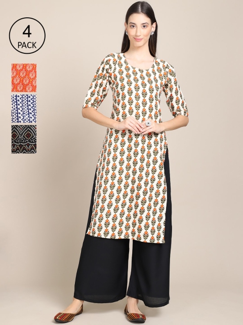 

Ethnic basket Women Pack of 4 Ethnic Motifs Printed Crepe Kurta, Orange