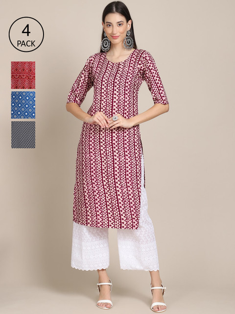 

Ethnic basket Women Multicoloured Geometric Printed Keyhole Neck Block Print Crepe Kurta, Multi