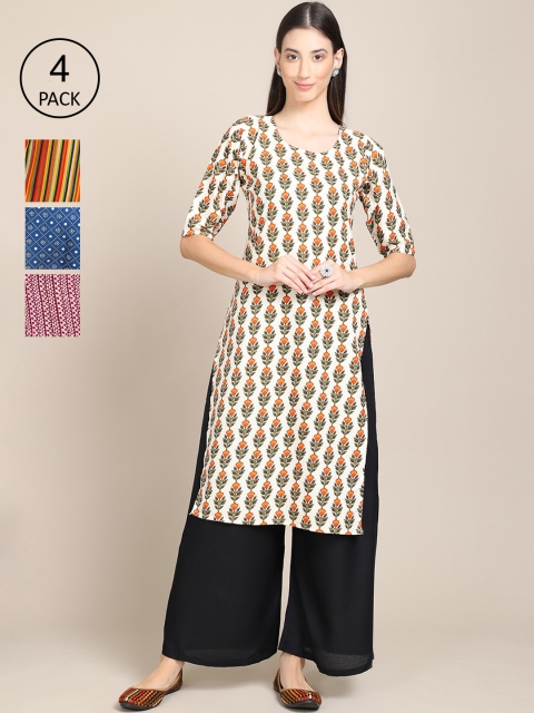 

Ethnic basket Women Pack Of 4 Printed Crepe Straight Kurta, Mustard