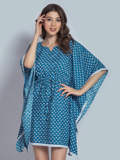 

RIVAMA Blue Floral Kaftan Cotton Dress