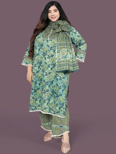 

MIRCHI FASHION Women Turquoise Blue Floral Pure Cotton Kurta with Palazzos & Dupatta