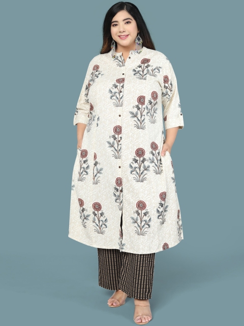 

MIRCHI FASHION Women Floral Printed Pure Cotton Kurti with Trousers, Off white