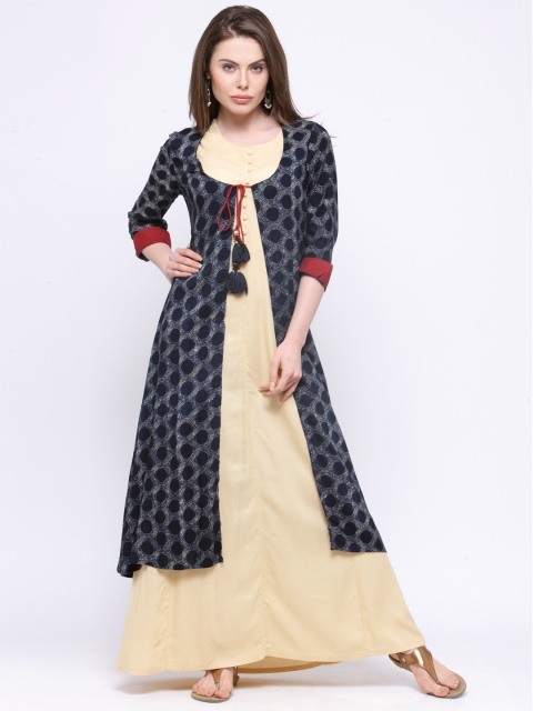 

Shree Women Blue & Beige Printed Layered A-Line Kurta