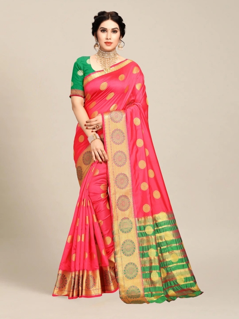 

MS RETAIL Pink & Green Ethnic Motifs Zari Art Silk Banarasi Saree