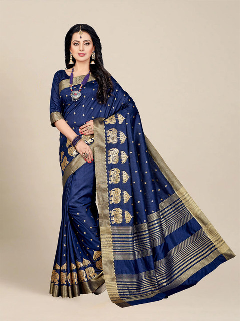 

MS RETAIL Navy Blue & Gold-Toned Woven Design Silk Blend Saree
