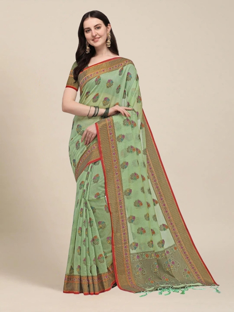 

MS RETAIL Lime Green & Red Woven Design Chanderi Saree