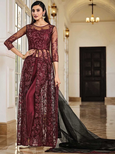 

ODETTE Women Self Design Net High Slit Kurta with Trousers & With Dupatta, Maroon