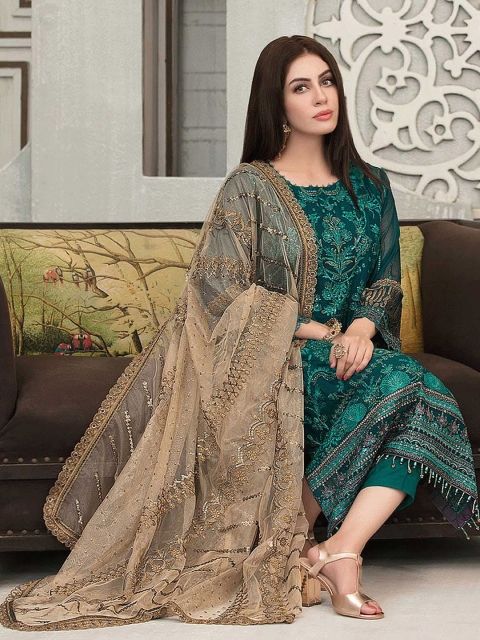 

ODETTE Women Green Ethnic Motifs Embroidered Kurti with Skirt & With Dupatta