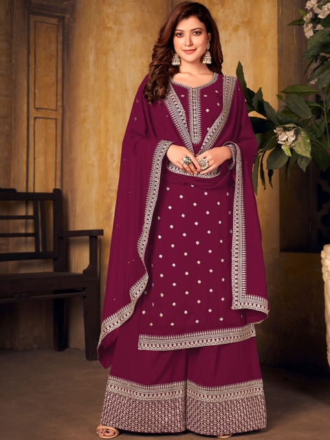 

ODETTE Women Magenta Embroidered Kurta with Palazzos & With Dupatta