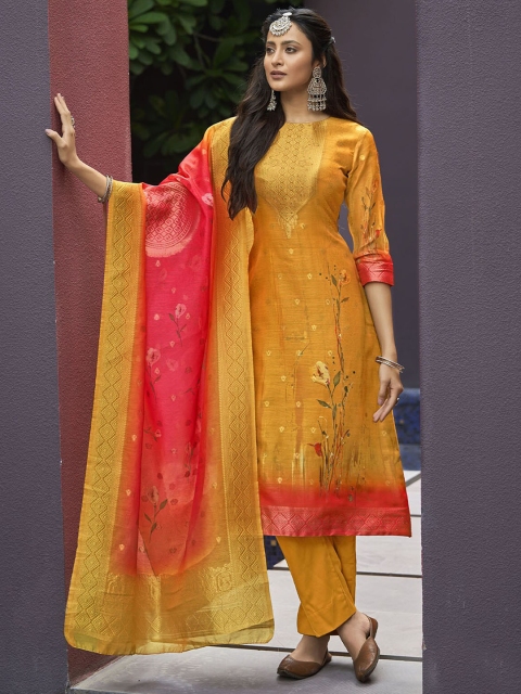 

ODETTE Women Mustard Yellow Kurta with Trousers & With Dupatta