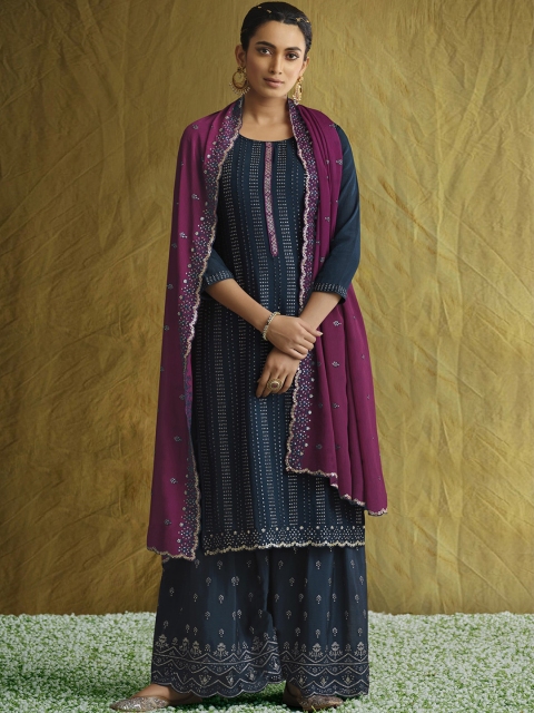 

ODETTE Women Embroidered Sequinned Kurta with Skirt & With Dupatta, Teal