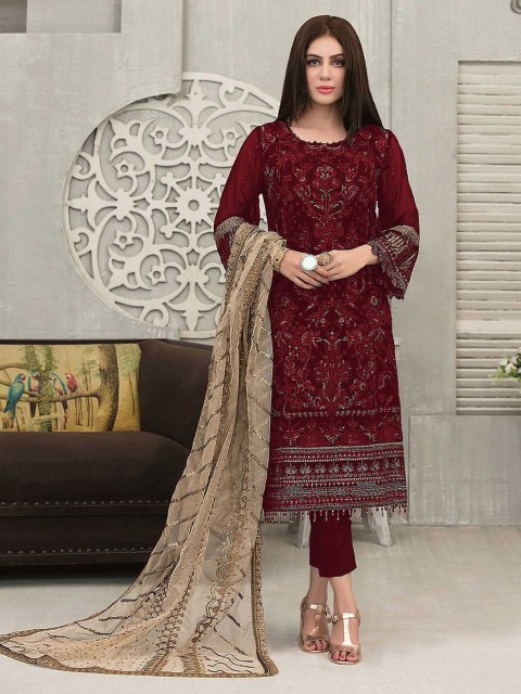 

ODETTE Women Red Ethnic Motifs Embroidered Kurta with Trousers & With Dupatta