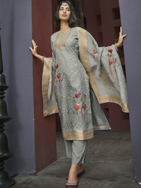 

ODETTE Printed Unstitched Dress Material, Grey