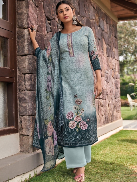 

Odette Women Floral Embroidered Kurta with Palazzos & With Dupatta, Blue
