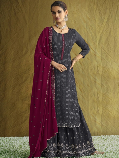 

ODETTE Women Grey Ethnic Motifs Embroidered Kurta with Trousers & With Dupatta